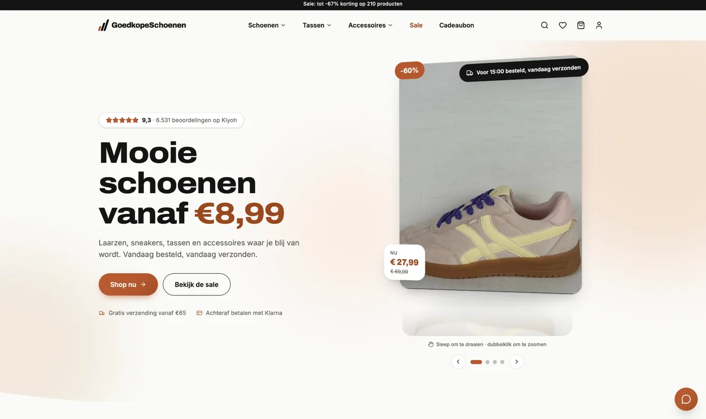Homepage met uitgelicht product, prijs en verzendinformatie